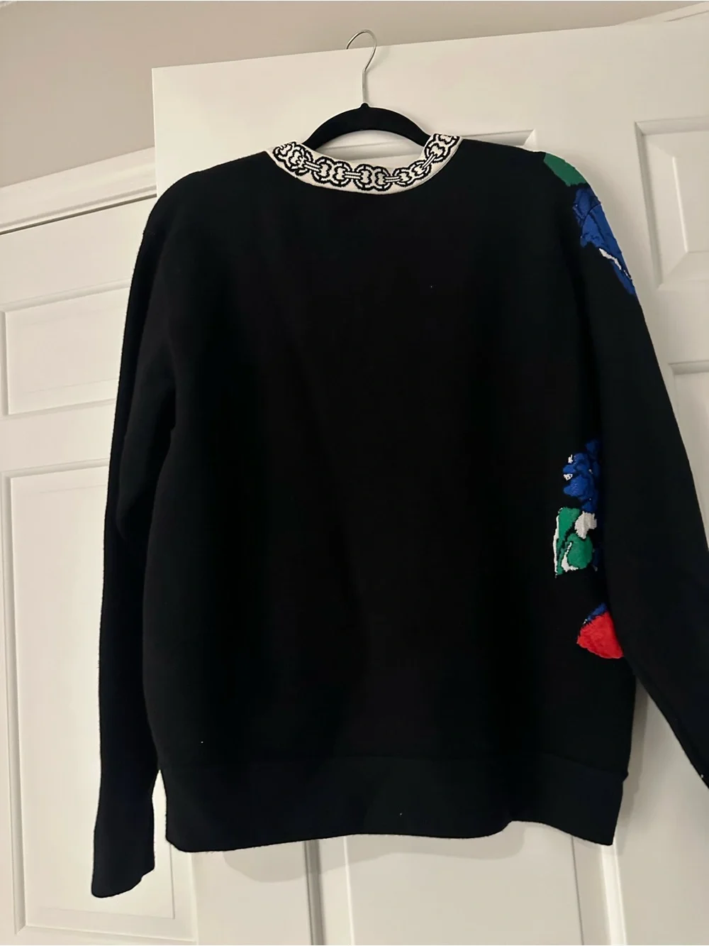 Tory Burch Black Floral Crewneck Sweater with Bold Red & Blue Blooms
